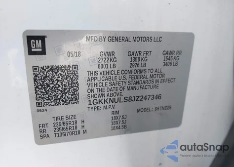 2018 GMC Acadia Slt-1 z USA, uszkodzony, nr VIN 1GKKNULS8JZ247346